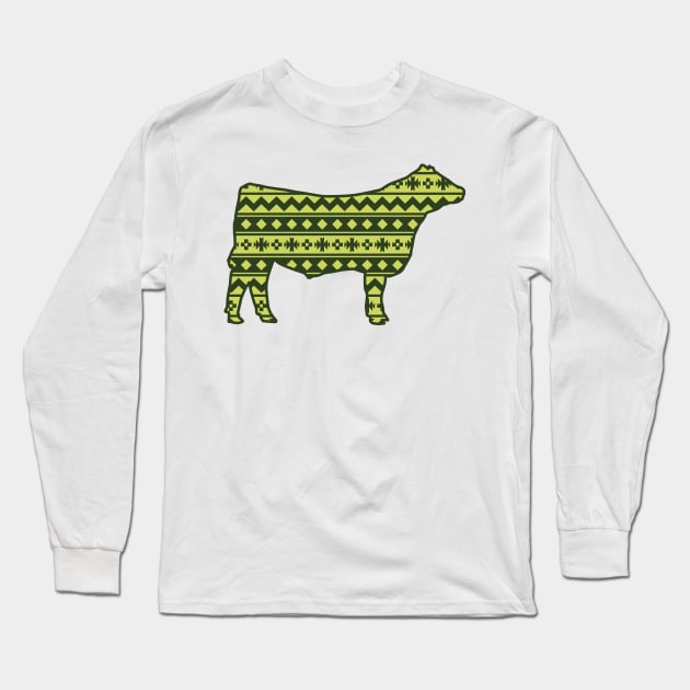 Livestock Show Steer with Green Southwest Pattern Long Sleeve T-Shirt by SAMMO